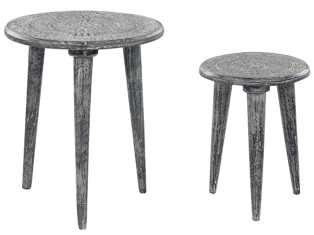 Set de 2 msue laterale lucrate manual din lemn de mango nuane de gri cu efect uzat stil vintage pentru living sau dormitor Beliani