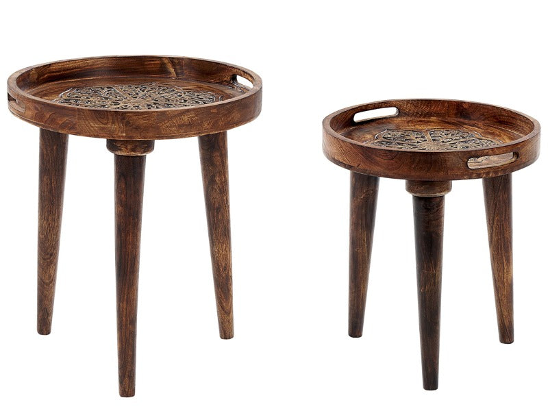 Nest of 2 Side Tables Dark Mango Wood End Bedside Table Handmade Distressed Effect Vintage Style Living Room Bedroom  Beliani