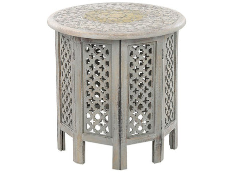 Side Table Grey Mango Wood ⌀ 45 cm End Bedside Table Handmade Distressed Effect Vintage Oriental Style Openwork Design Living Room Bedroom Beliani