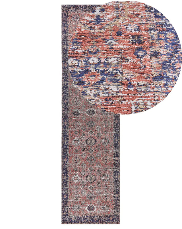 Runner Rug Red and Blue Cotton 80 x 300 cm Rectangular Oriental Pattern Boho Style Hallway Beliani