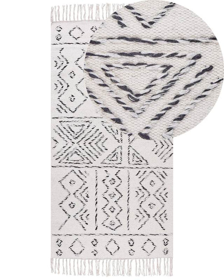 Wool Area Rug Off-White and Black Aztec Pattern 80 x 150 cm Low Pile Modern Vintage Beliani