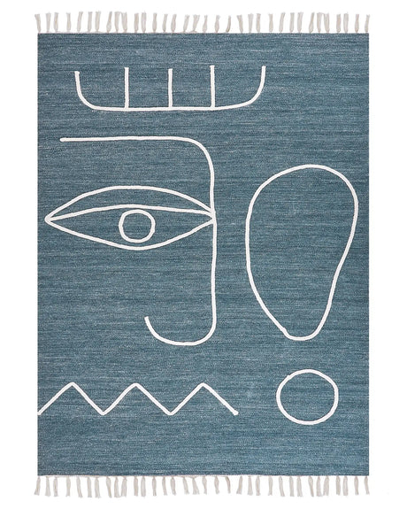 Area Handwoven Rug Blue Polyester 140 x 200 cm Rectangle Abstract Pattern with Tassels Rectangular Boho Indoor Outdoor Beliani