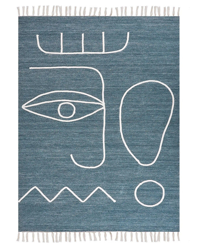 Area Handwoven Rug Blue Polyester 140 x 200 cm Rectangle Abstract Pattern with Tassels Rectangular Boho Indoor Outdoor Beliani