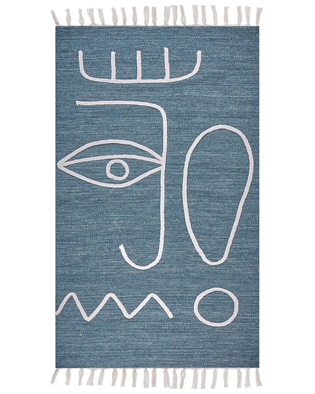 Area Handwoven Rug Blue Polyester 80 x 150 cm Rectangle Abstract Pattern with Tassels Rectangular Boho Indoor Outdoor Beliani