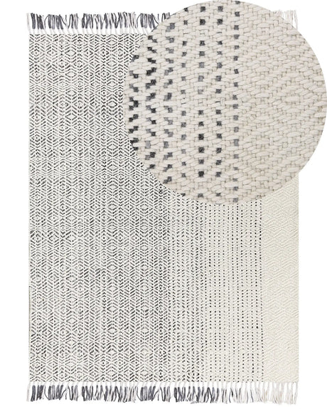 Rug White and Grey Wool Cotton 160 x 230 cm Hand Woven Flat Weave with Tassels Beliani