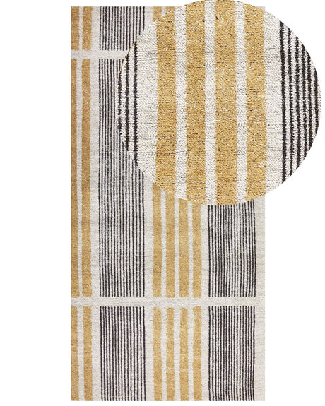 Area Rug Yellow and Black Cotton 80 x 150 cm Flat Weave Jacquard Woven Striped Pattern Boho Living Room Bedroom Beliani