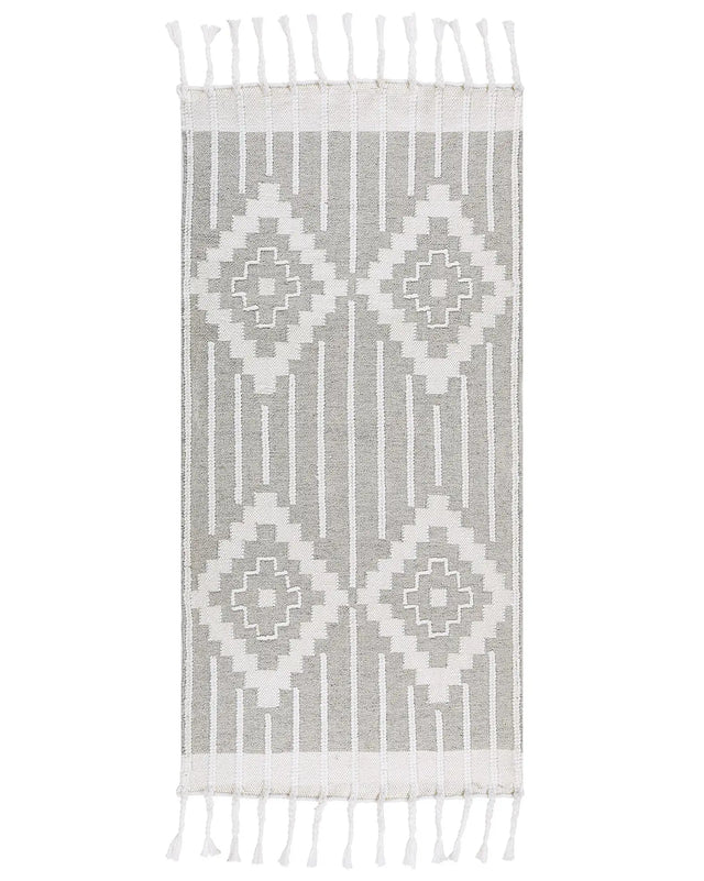 Area Rug Grey and White 80 x 150 cm Synthetic Material Decorative Tassels Indian Style Indoor Outdoor  Beliani