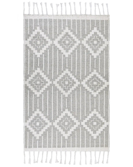 Area Rug Grey and White 140 x 200 cm Synthetic Material Decorative Tassels Indian Style Indoor Outdoor  Beliani
