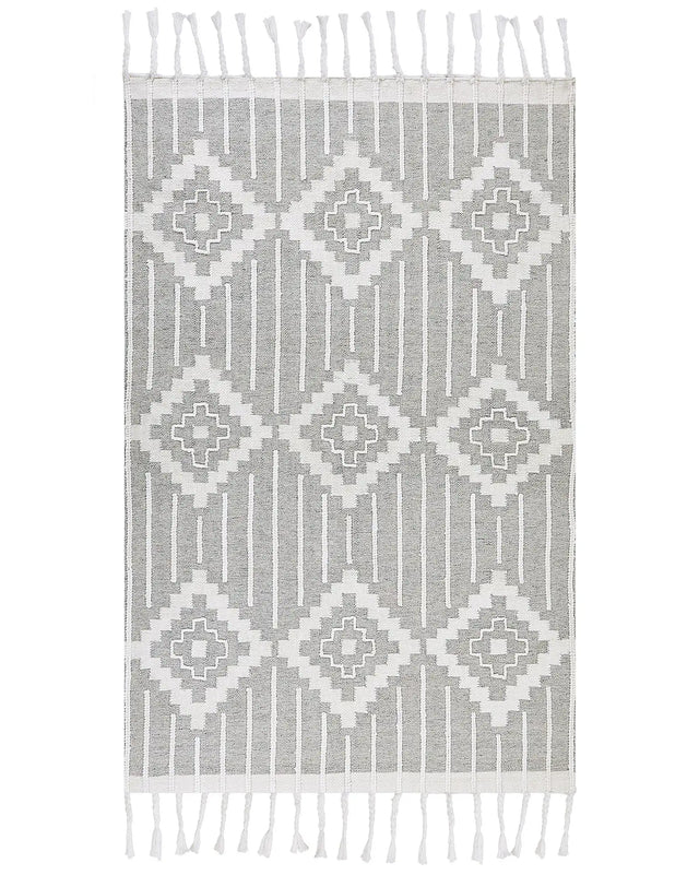 Area Rug Grey and White 140 x 200 cm Synthetic Material Decorative Tassels Indian Style Indoor Outdoor  Beliani