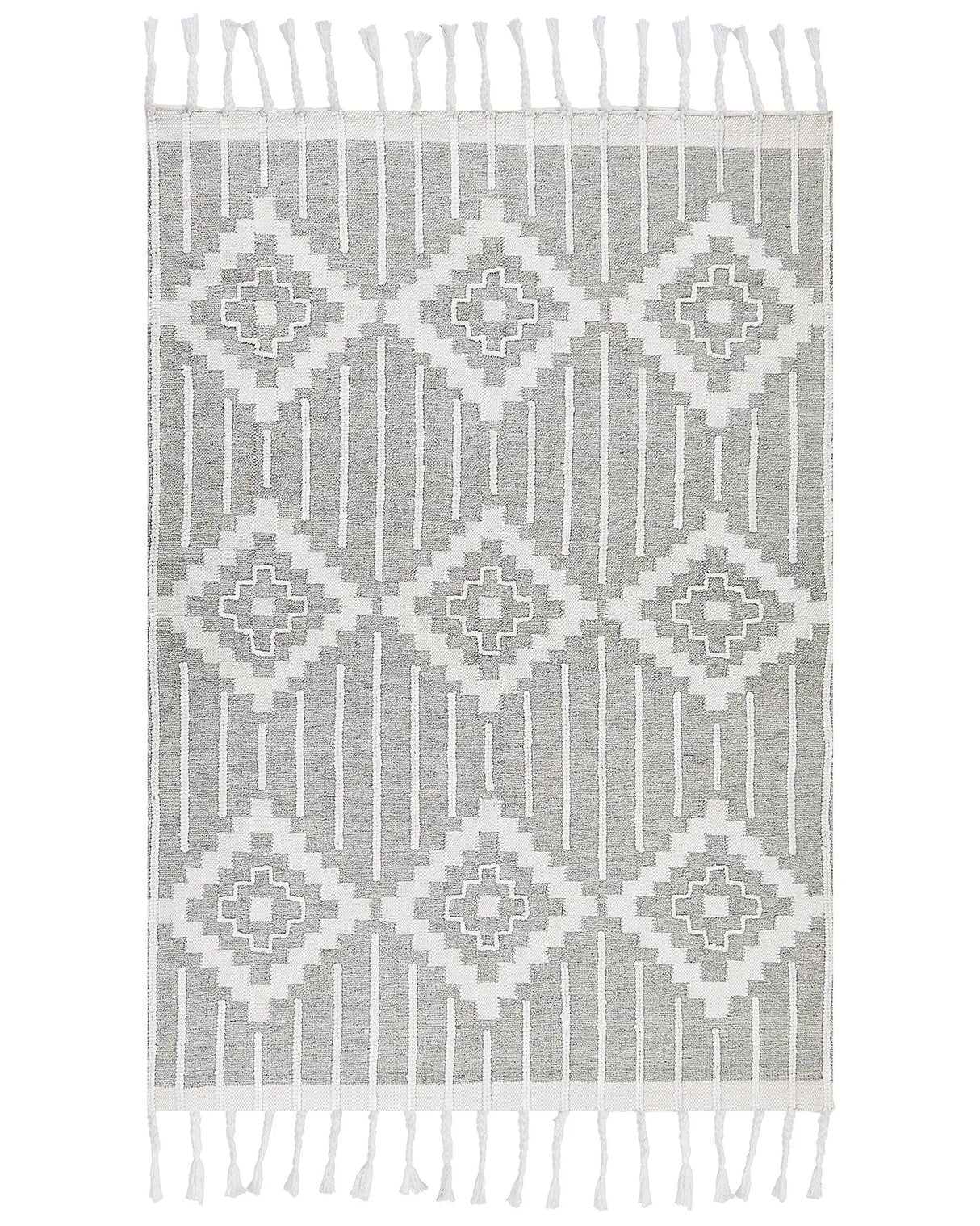 Area Rug Grey and White 160 x 230 cm Synthetic Material Decorative Tassels Indian Style Indoor Outdoor  Beliani
