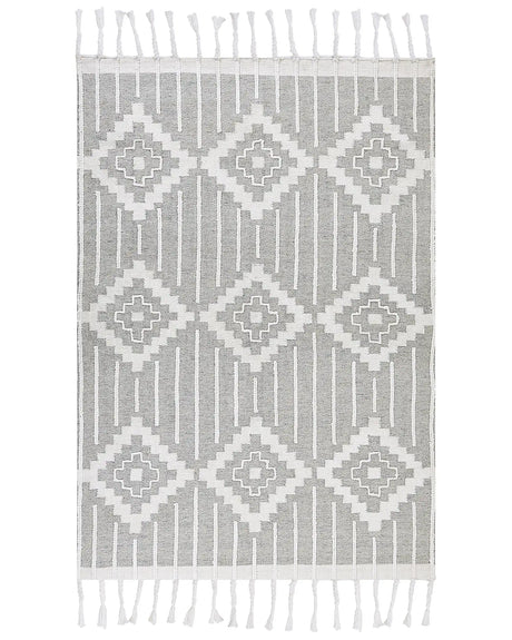 Area Rug Grey and White 160 x 230 cm Synthetic Material Decorative Tassels Indian Style Indoor Outdoor  Beliani