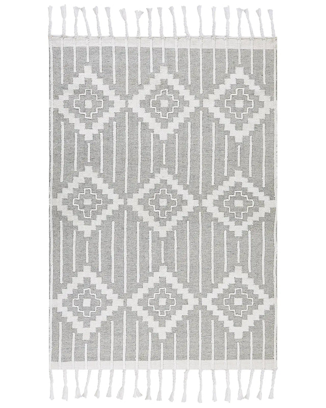 Area Rug Grey and White 160 x 230 cm Synthetic Material Decorative Tassels Indian Style Indoor Outdoor  Beliani