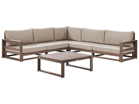 Garden Corner Sofa Set Dark Wood and Taupe Acacia Wood Outdoor 5 Seater with Coffee Table Cushions Modern Design Beliani