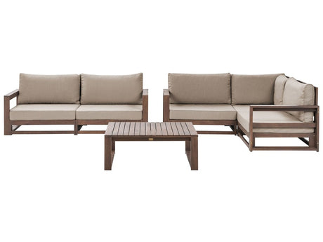 Garden Sofa Set Dark Wood and Taupe Acacia Wood Outdoor 4 Seater 2 Sofas with Coffee Table Cushions Modern Design Beliani