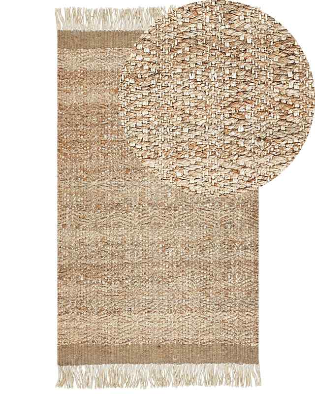 Area Rug Beige Jute 80 x 150 cm Rectangular with Tassels Geometric Pattern Handwoven Boho Style Bedroom Living Room Beliani