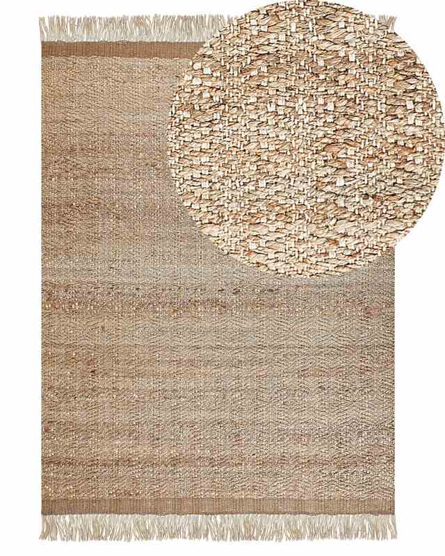 Area Rug Beige Jute 140 x 200 cm Rectangular with Tassels Geometric Pattern Handwoven Boho Style Bedroom Living Room Beliani