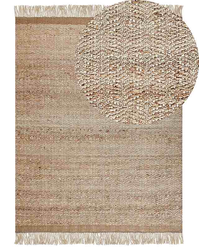 Area Rug Beige Jute 160 x 230 cm Rectangular with Tassels Geometric Pattern Handwoven Boho Style Bedroom Living Room Beliani