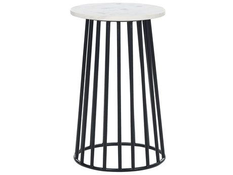 Side Table White Marble Top Black Metal Frame  36 cm Round Glam Modern Living Room Bedroom Beliani