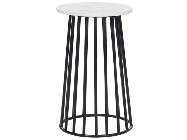 Side Table White Marble Top Black Metal Frame  36 cm Round Glam Modern Living Room Bedroom Beliani
