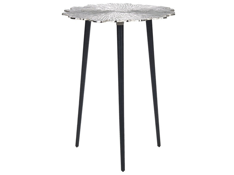 Side Table Silver with 3 Black Iron Legs Aluminium ø 36 cm Irregular Carved Top Decorative Modern Minimalistic Living Room Hallway Beliani