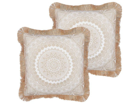 2 Cushions Beige Polyester Cover 45 x 45 cm Boho Print Decorative Tassels Living Room Decor Beliani