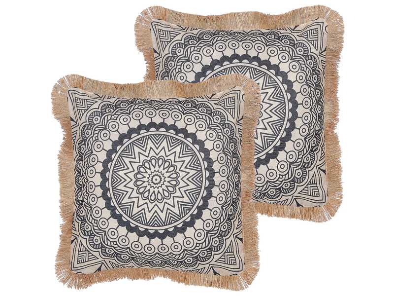 2 Cushions Beige and White Polyester Cover 45 x 45 cm Boho Print Decorative Tassels Living Room Decor Beliani