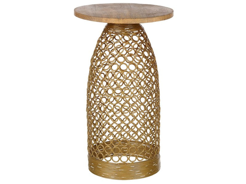 Side Table Light Wood and Gold Mango Top Metal 30 x 30 cm Round Geometric Shape Modern End Table Beliani