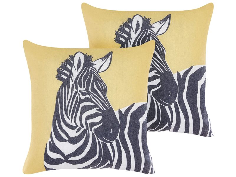 Set of 2 Decorative Cushions Yellow Animal Print 45 x 45 cm Zebra Motif Modern Safari Decor Beliani