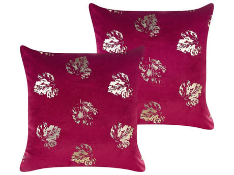 Set of 2 Decorative Cushions Burgundy Velvet Leaf Pattern 45 x 45 cm Gold Foil Print Decor Accessories Beliani