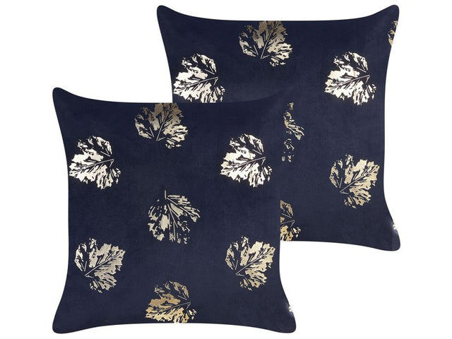 Set of 2 Decorative Cushions Black Velvet Leaf Pattern 45 x 45 cm Gold Foil Print Decor Accessories Beliani