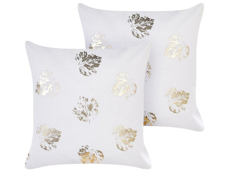 Set of 2 Decorative Cushions White Velvet Leaf Pattern 45 x 45 cm Gold Foil Print Decor Accessories Beliani