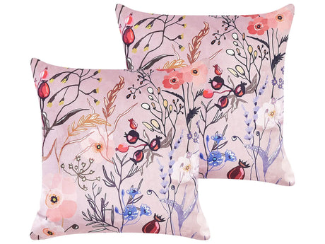 Set of 2 Pink Decorative Pillows Polyester 45 x 45 cm Velvet Flower Pattern Modern Traditional Living Room Bedroom Cushions Beliani