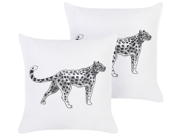 Set of 2 White Decorative Pillows Cotton 45 x 45 cm Animal Pattern Modern Traditional Living Room Bedroom Cushions Beliani