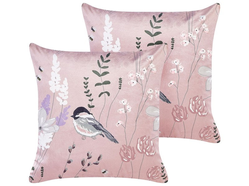 Set of 2 Pink Decorative Pillows Polyester 45 x 45 cm Flower Animal Pattern Modern Traditional Living Room Bedroom Cushions Beliani