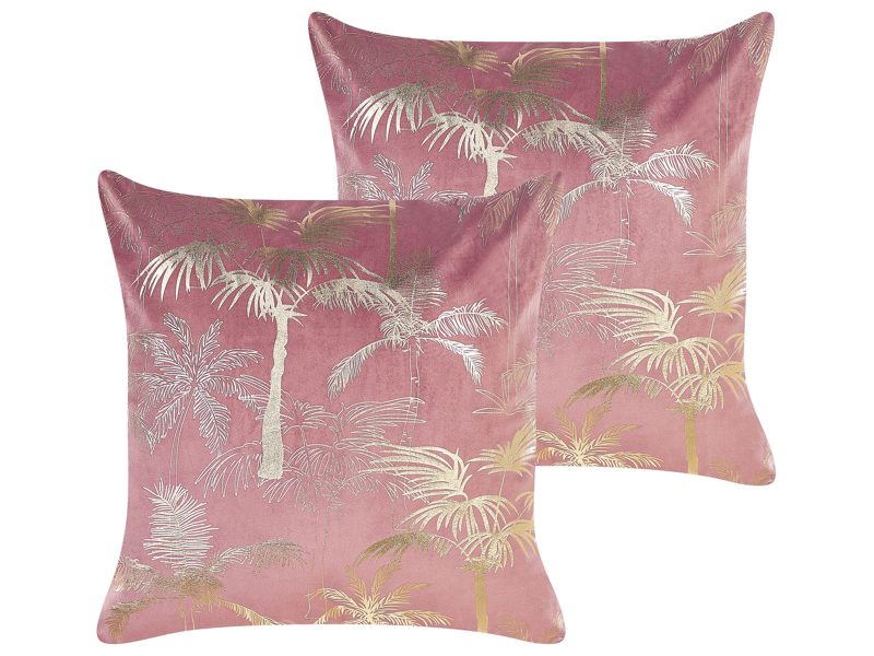 Set of 2 Pink Decorative Pillows Velvet 45 x 45 cm Palm Motif Pattern Modern Traditional Living Room Bedroom Cushions Beliani