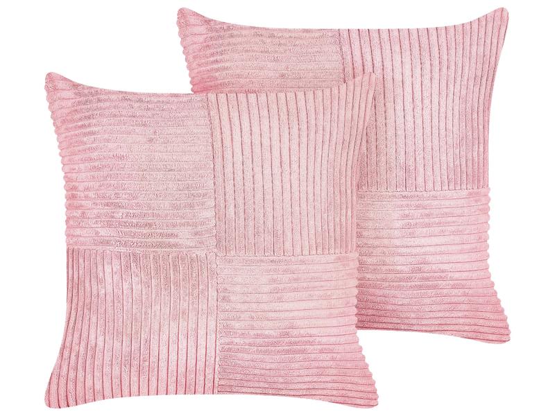 Set of 2 Decorative Pillows Pink Corduroy 43 x 43 cm Striped Pattern Modern Design Throw Cushions Beliani