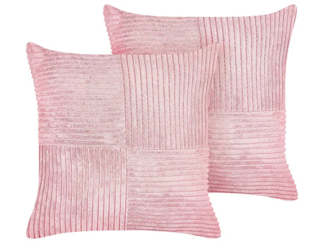 Set of 2 Decorative Pillows Pink Corduroy 43 x 43 cm Striped Pattern Modern Design Throw Cushions Beliani