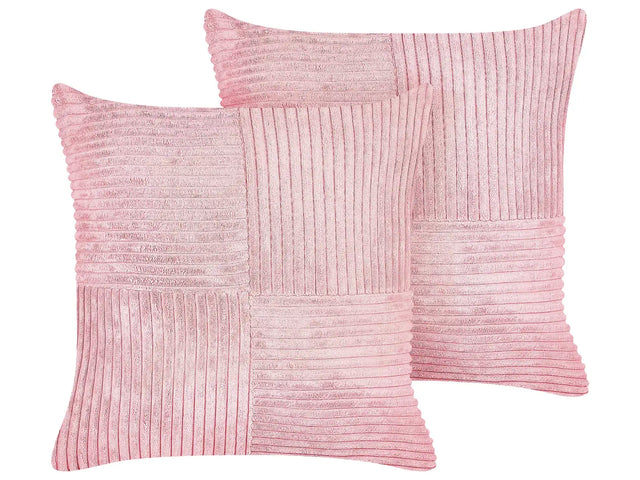 Set of 2 Decorative Pillows Pink Corduroy 43 x 43 cm Striped Pattern Modern Design Throw Cushions Beliani