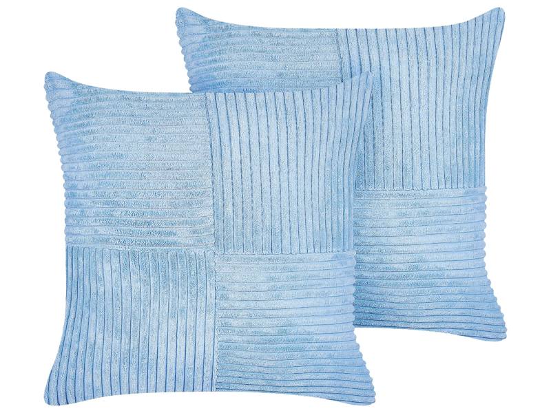 Set of 2 Decorative Pillows Blue Corduroy 43 x 43 cm Striped Pattern Modern Design Throw Cushions Beliani