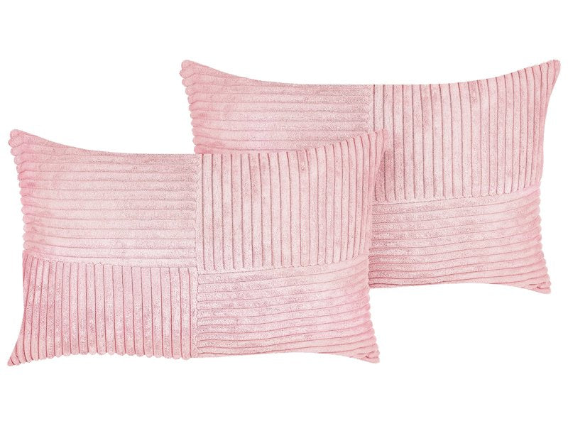 Set of 2 Decorative Pillows Pink Corduroy 47 x 27 cm Striped Pattern Modern Design Throw Cushions Beliani