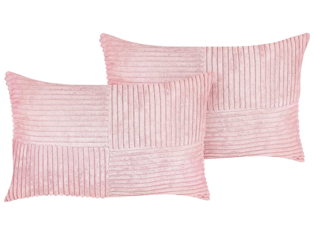 Set of 2 Decorative Pillows Pink Corduroy 50 x 30 cm Striped Pattern Modern Design Throw Cushions Beliani