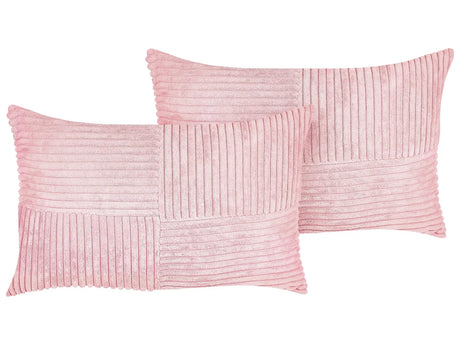 Set of 2 Decorative Pillows Pink Corduroy 50 x 30 cm Striped Pattern Modern Design Throw Cushions Beliani
