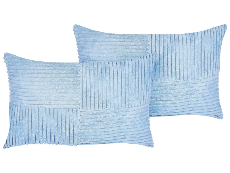 Set of 2 Decorative Pillows Blue Corduroy 47 x 27 cm Striped Pattern Modern Design Throw Cushions Beliani