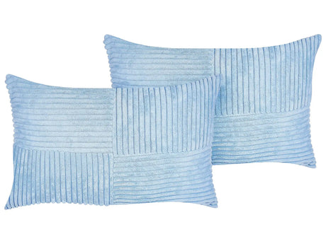 Set of 2 Decorative Pillows Blue Corduroy 50 x 30 cm Striped Pattern Modern Design Throw Cushions Beliani