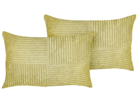 Set of 2 Decorative Pillows Green Corduroy 50 x 30 cm Striped Pattern Modern Design Throw Cushions Beliani