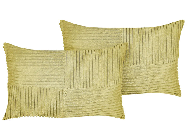 Set of 2 Decorative Pillows Green Corduroy 50 x 30 cm Striped Pattern Modern Design Throw Cushions Beliani