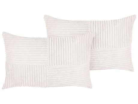 Set of 2 Decorative Pillows Off-White Corduroy 50 x 30 cm Striped Pattern Modern Design Throw Cushions Beliani