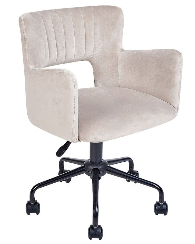 Office Chair Taupe Velvet with Armrests Cut-Out Backrest Adjustable Height Tufted Back Black Metal Starbase Beliani