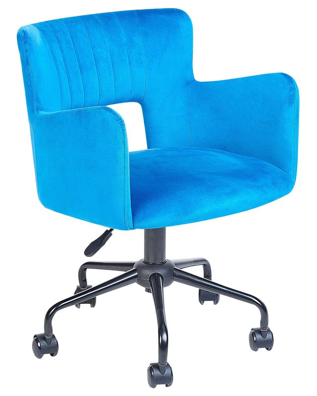 Office Chair Blue Velvet with Armrests Cut-Out Backrest Adjustable Height Tufted Back Black Metal Starbase Beliani