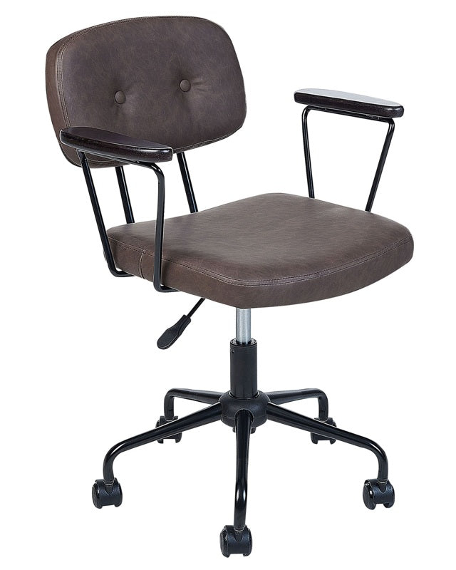 Office Chair Dark Brown Faux Leather Swivel Adjustable Height with Armrests Home Office Study Traditional Beliani